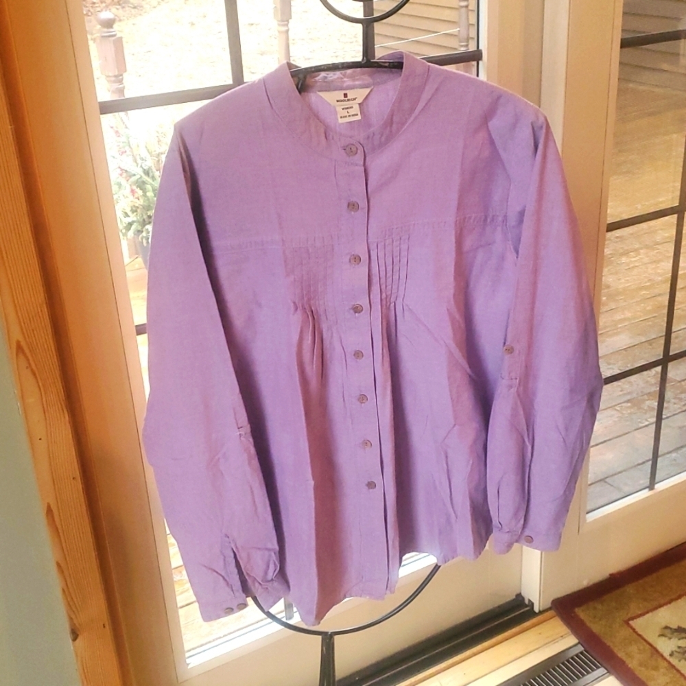 Woolrich Lilac Button Down Mandarin Collar - Fold Up Sleeve sz. L Blouse